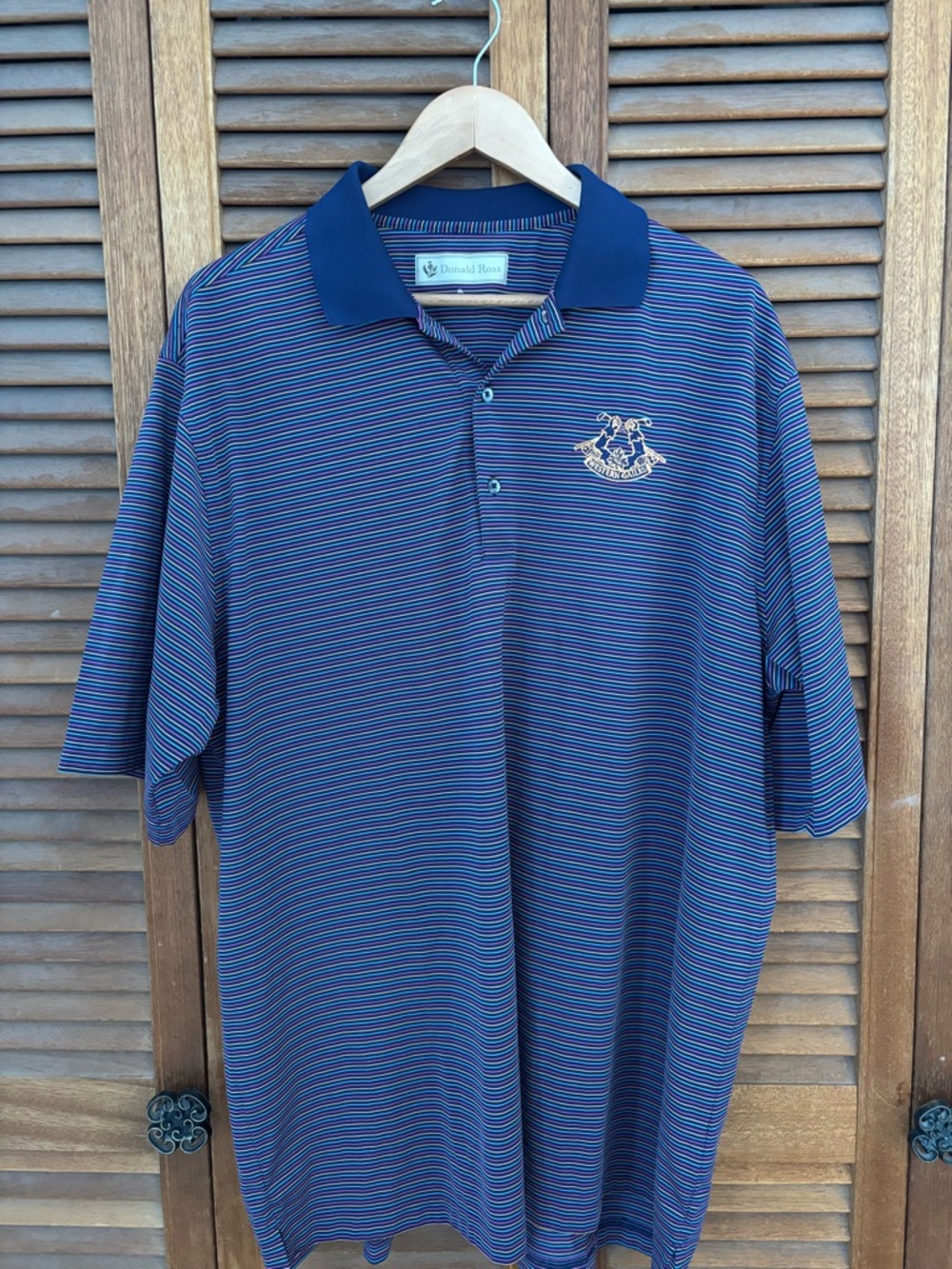 Donald Ross Men's Navy Striped Polo with Embroidered Crest